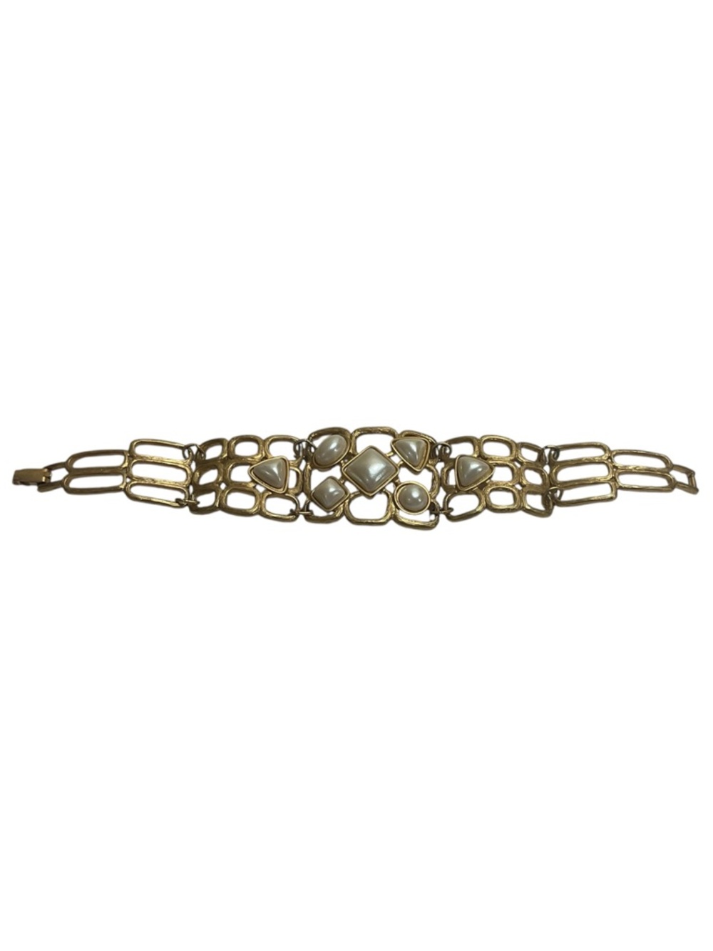 Avon Vintage-Inspired Gold Tone Geometric Link Bracelet with Faux Pearl Cabochon